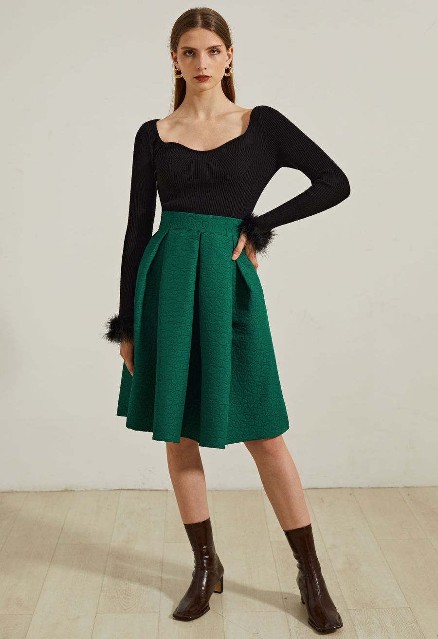 Hearts Fantasy Jacquard Pleated Midi Skirt in Dark Green