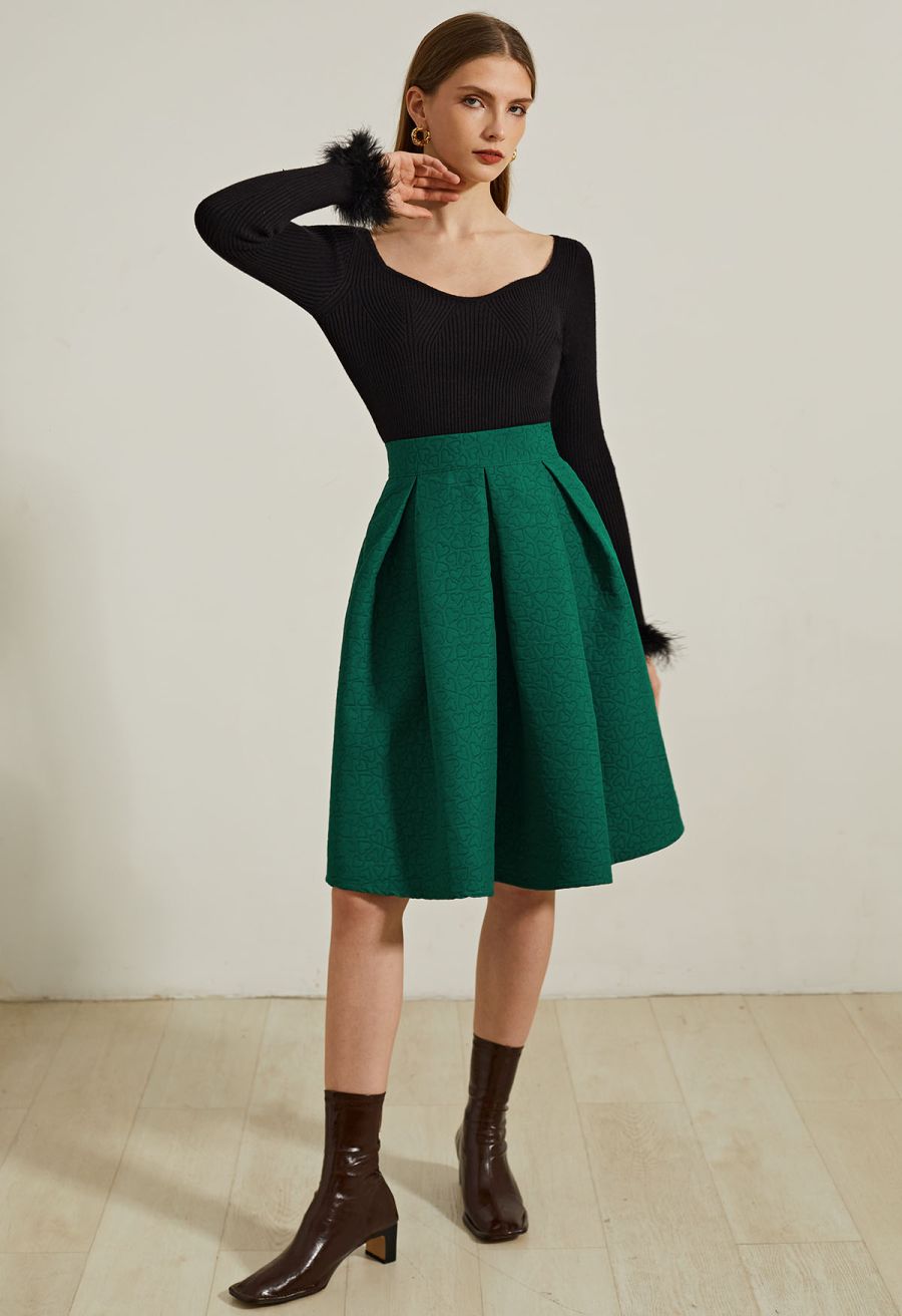 Wavy Neckline Feather Trim Cuffs Knit Top in Black