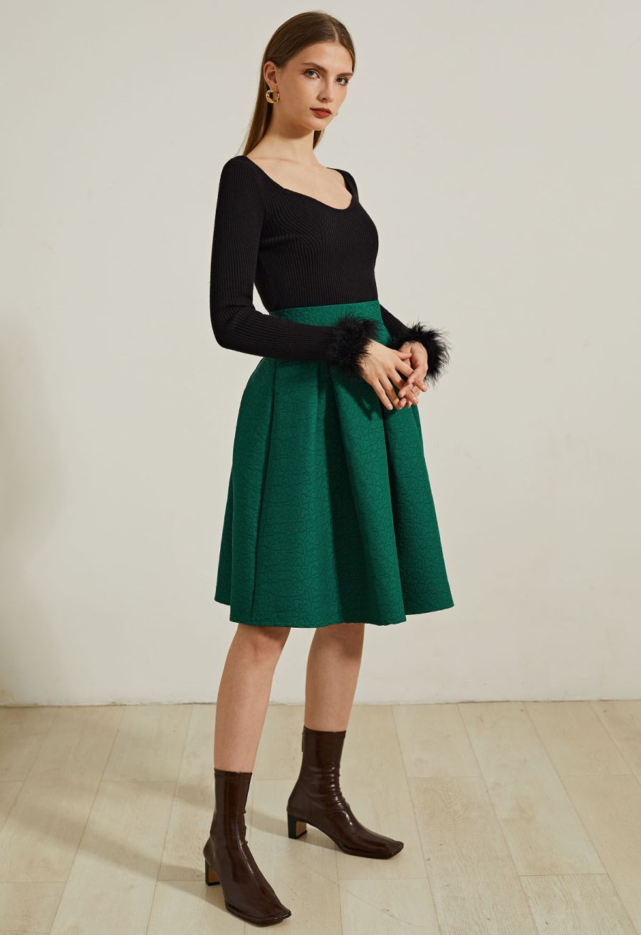 Wavy Neckline Feather Trim Cuffs Knit Top in Black