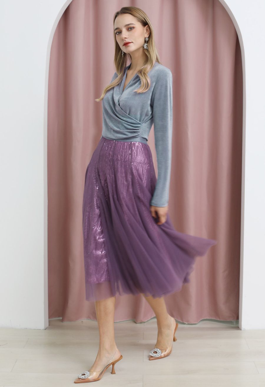 Ruched Waist Faux-Wrap Top in Dusty Blue