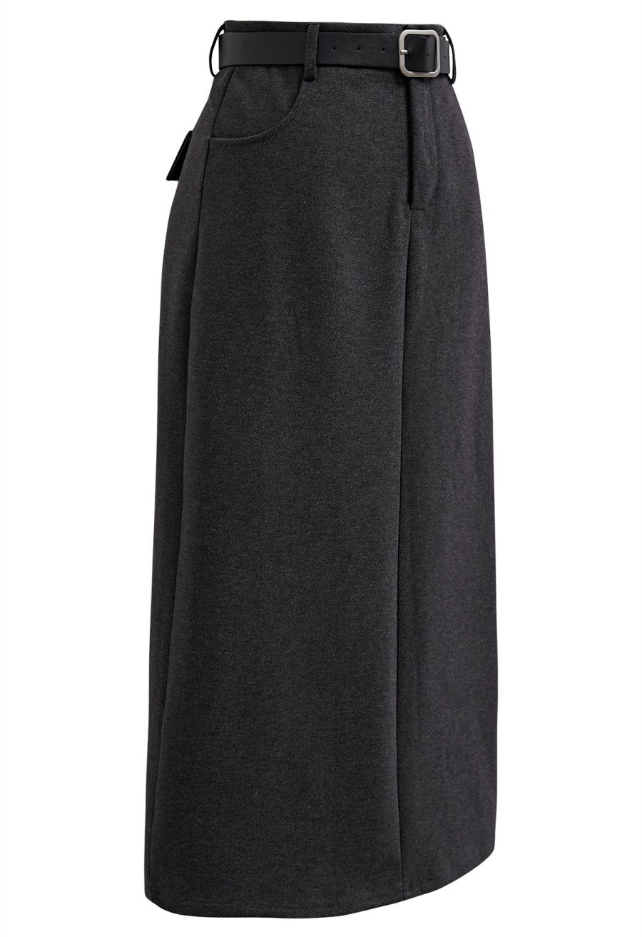 Slit Back Belted Maxi Skirt in Smoke