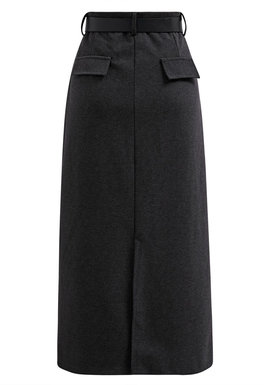 Slit Back Belted Maxi Skirt in Smoke