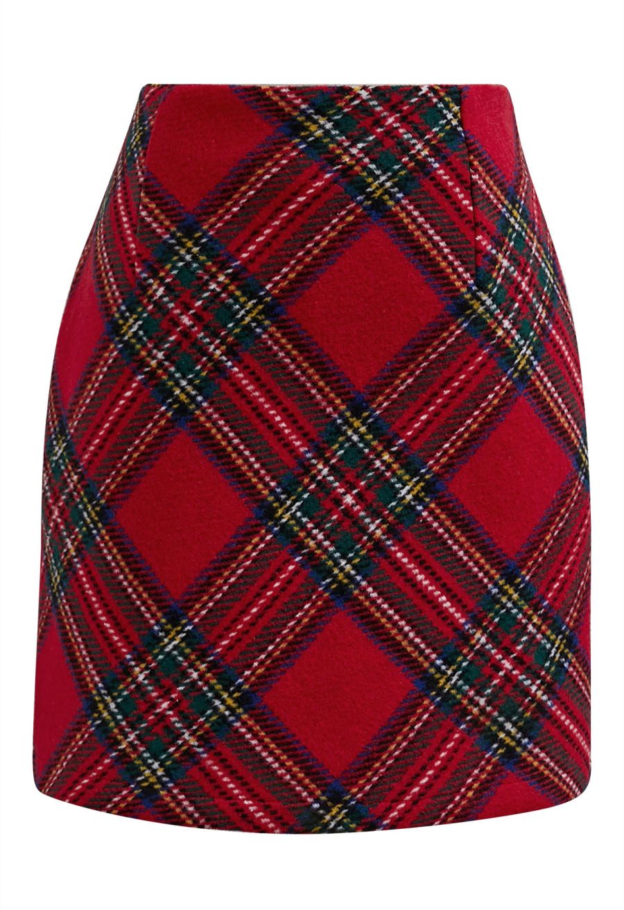 Red Tartan Wool-Blend Mini Bud Skirt