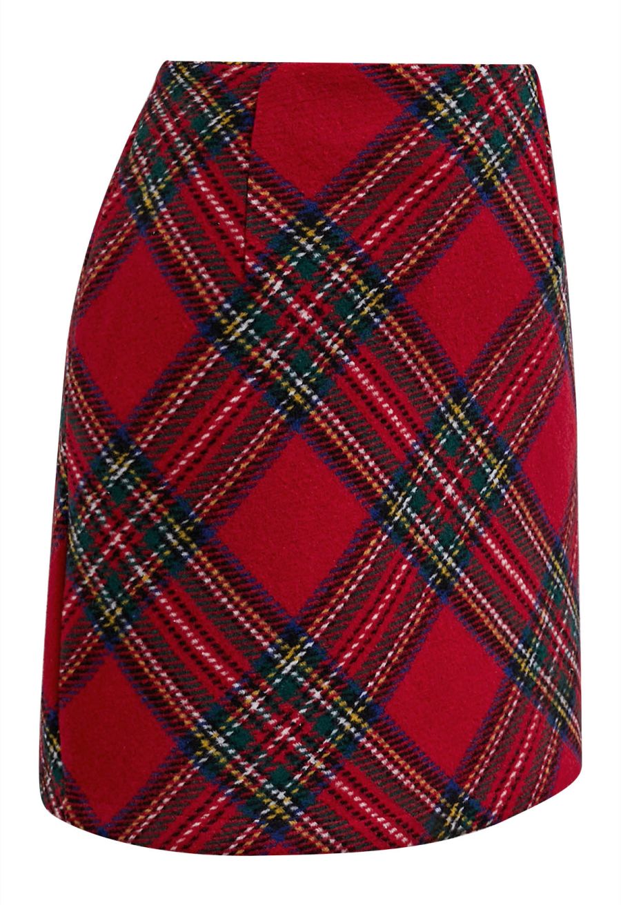 Red Tartan Wool-Blend Mini Bud Skirt