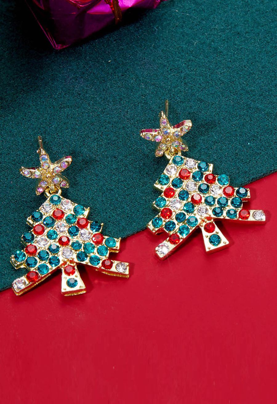 Full Rhinestone Christmas Tree Drop Earrings