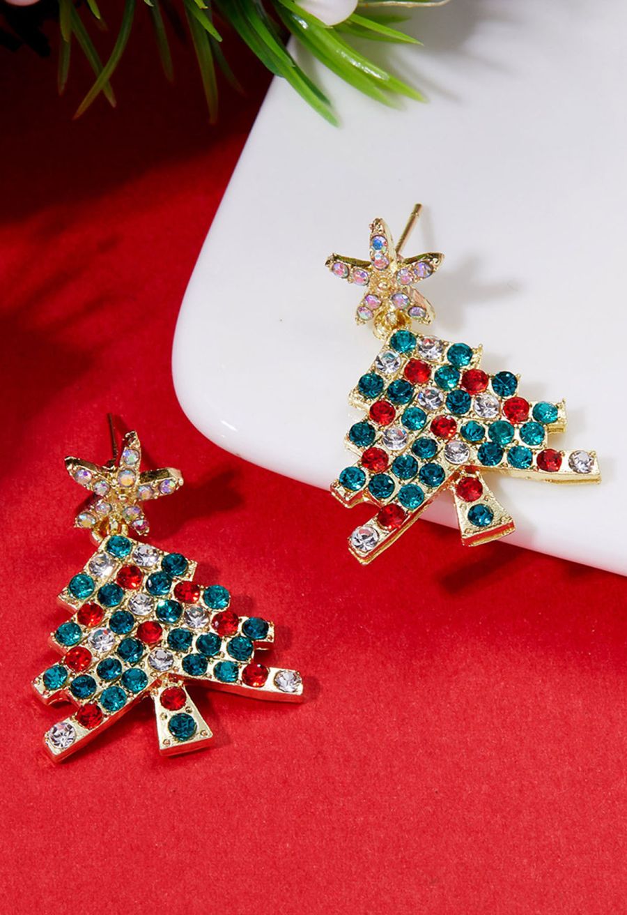 Full Rhinestone Christmas Tree Drop Earrings