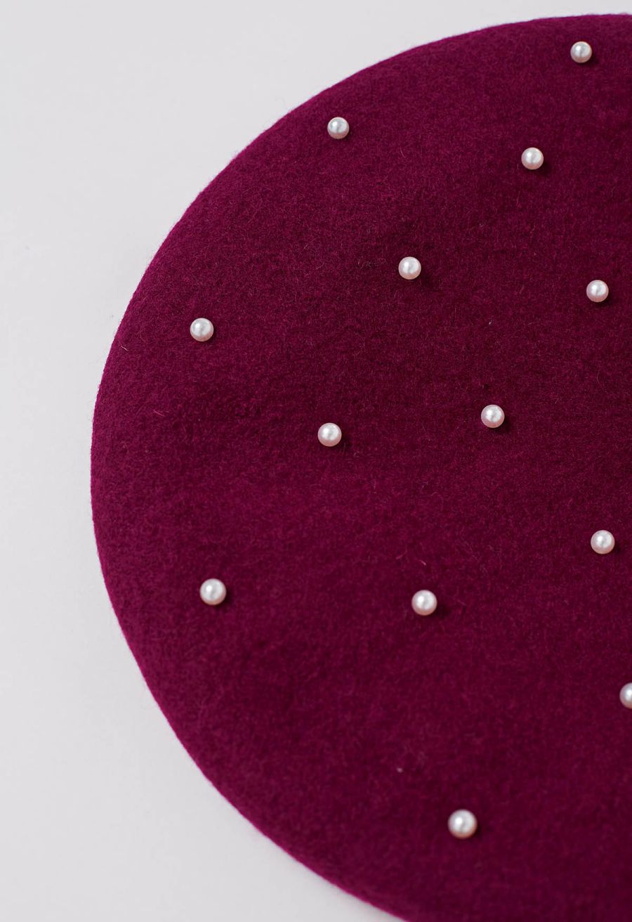 Handmade Pearl Wool Blend Beret Hat in Burgundy