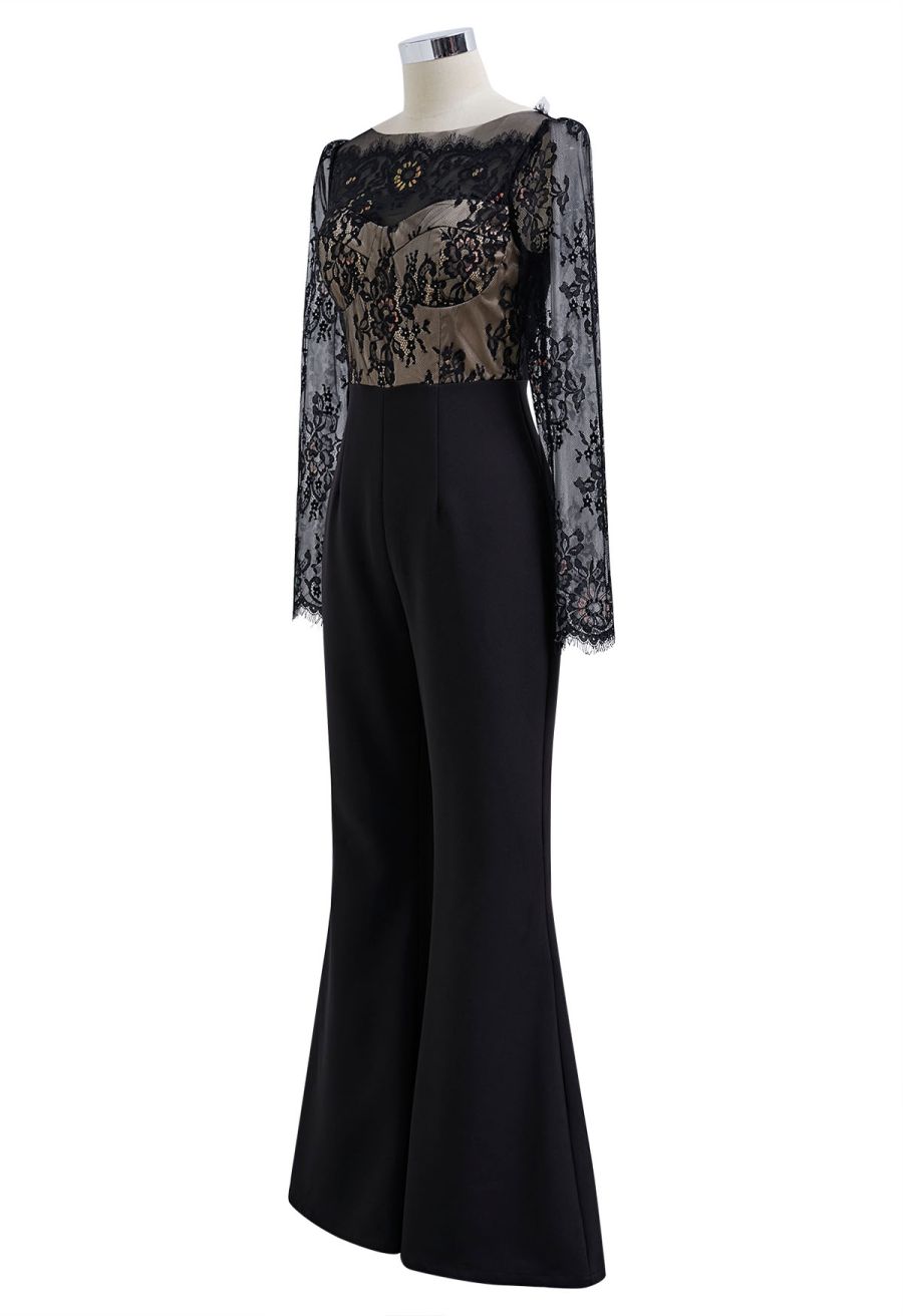 Floral Cutwork Lace Spliced Flare Leg Jumpsuit