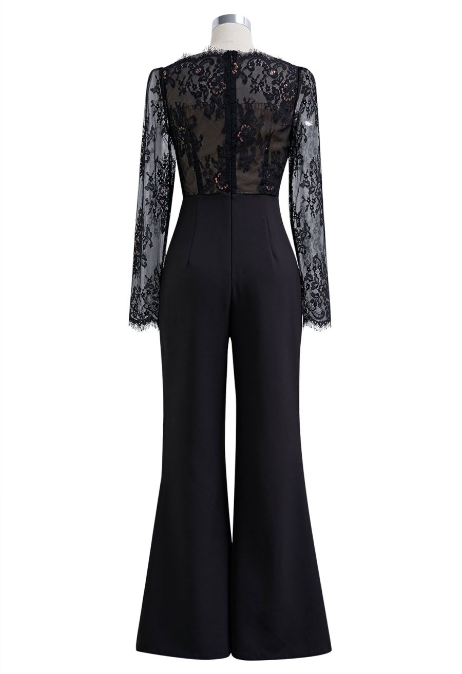 Floral Cutwork Lace Spliced Flare Leg Jumpsuit