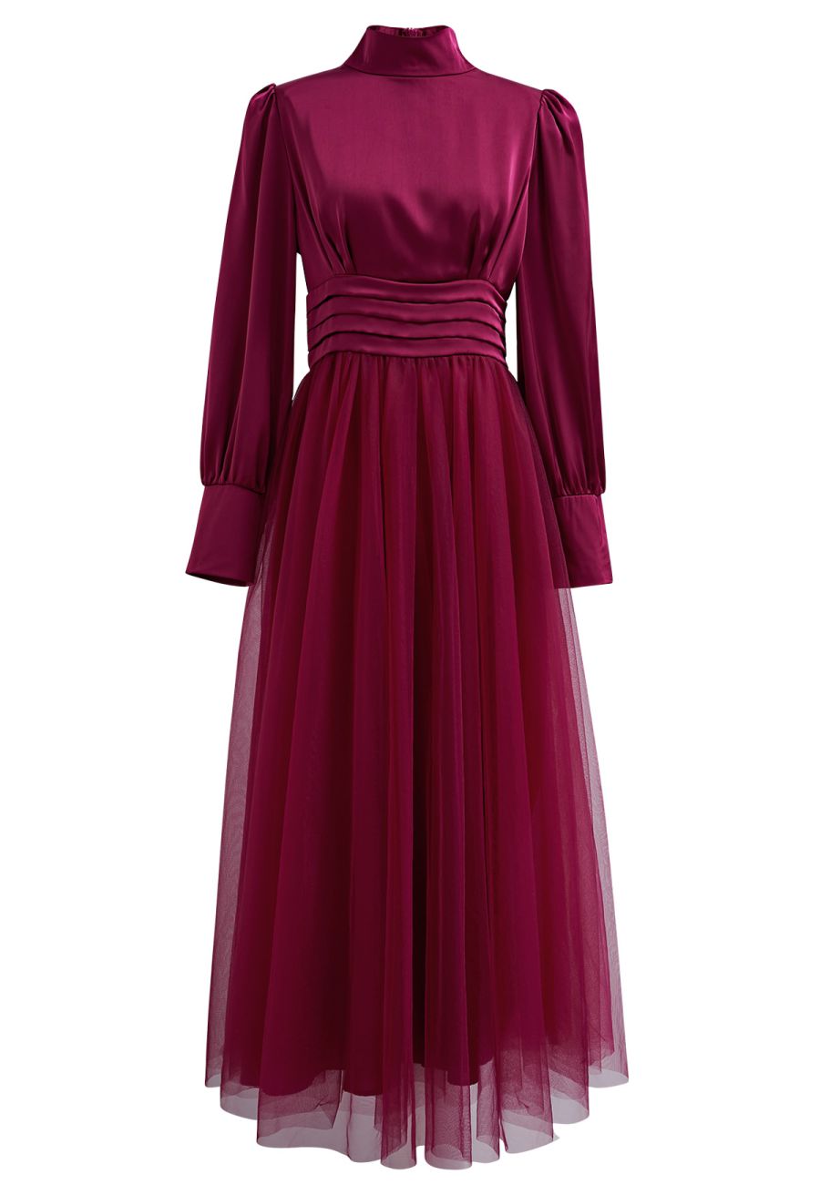 Shine Bright High Neck Tulle Maxi Dress in Burgundy