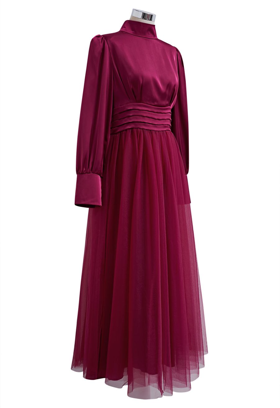 Shine Bright High Neck Tulle Maxi Dress in Burgundy