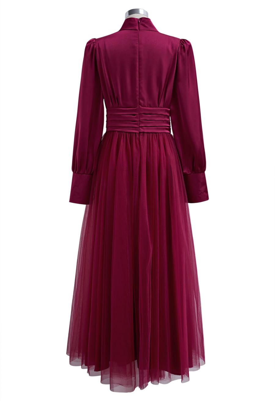 Shine Bright High Neck Tulle Maxi Dress in Burgundy