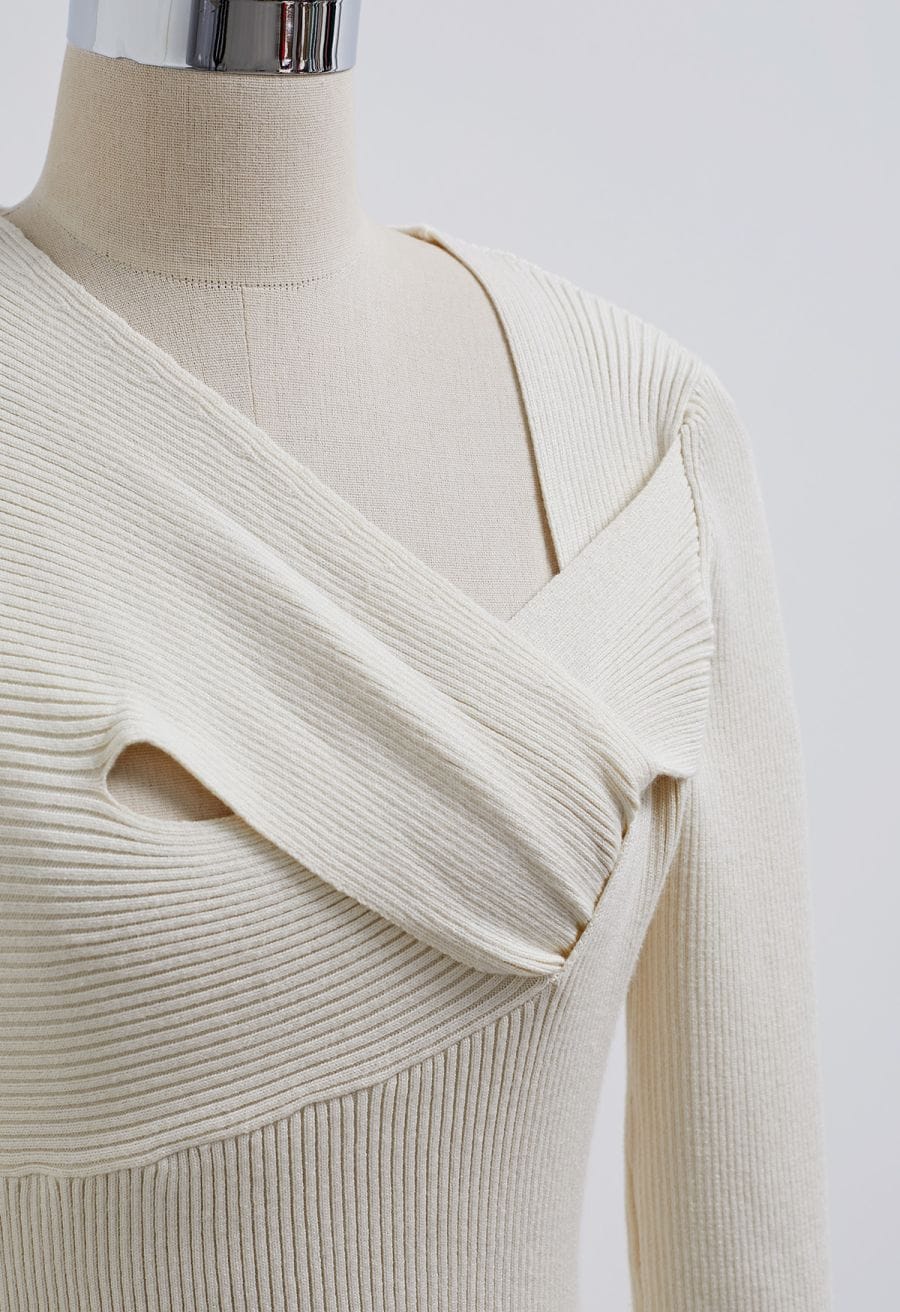 Asymmetric Cutout Neckline Rib Knit Midi Dress in Ivory