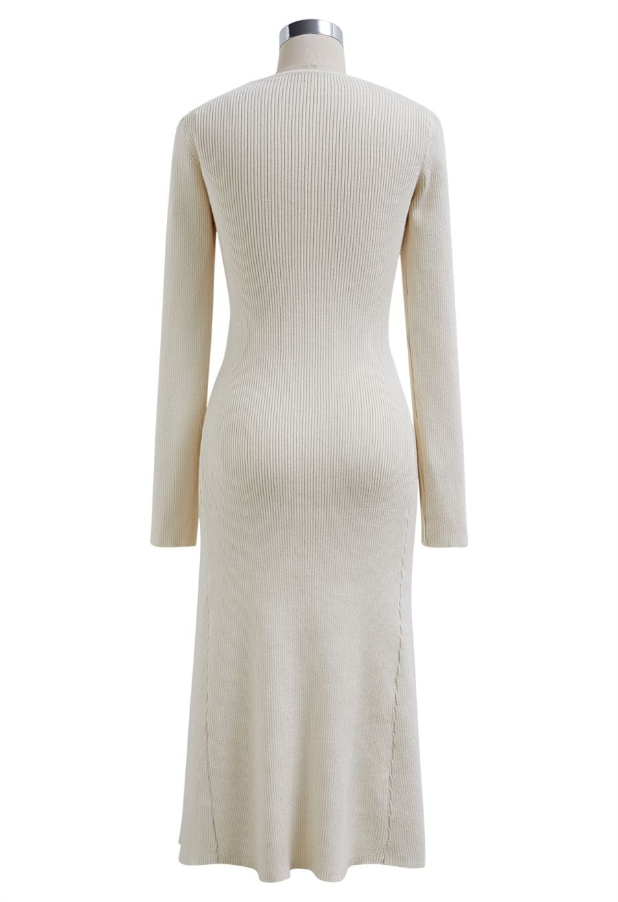 Asymmetric Cutout Neckline Rib Knit Midi Dress in Ivory