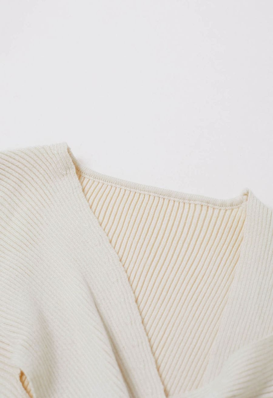 Asymmetric Cutout Neckline Rib Knit Midi Dress in Ivory