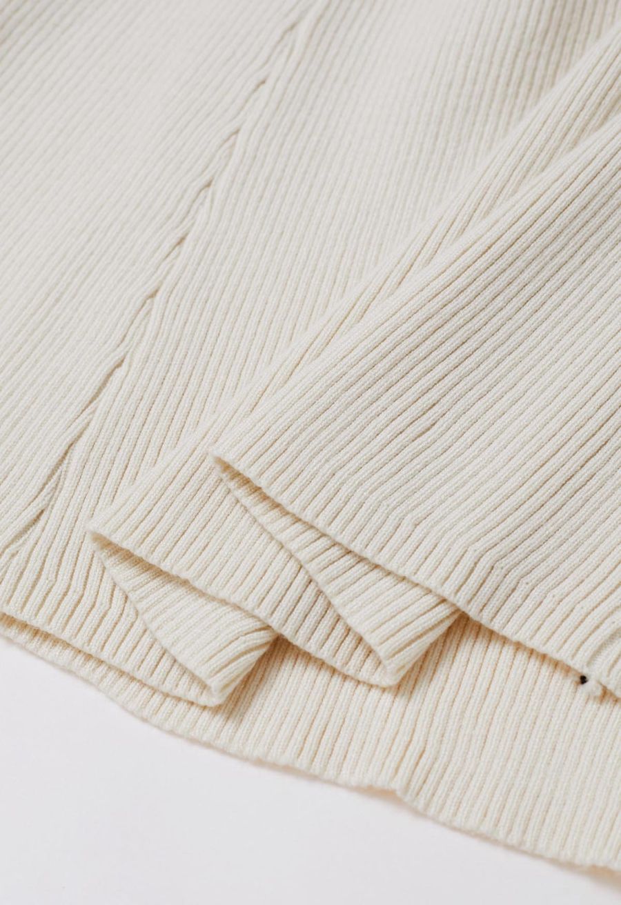 Asymmetric Cutout Neckline Rib Knit Midi Dress in Ivory