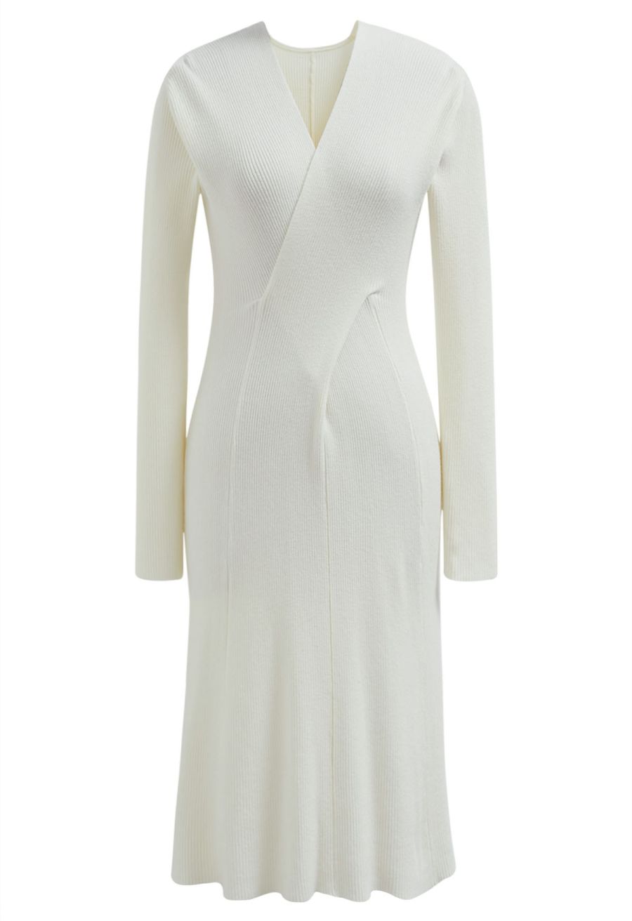 Cross Waist Detail Faux-Wrap Knit Dress in Ivory