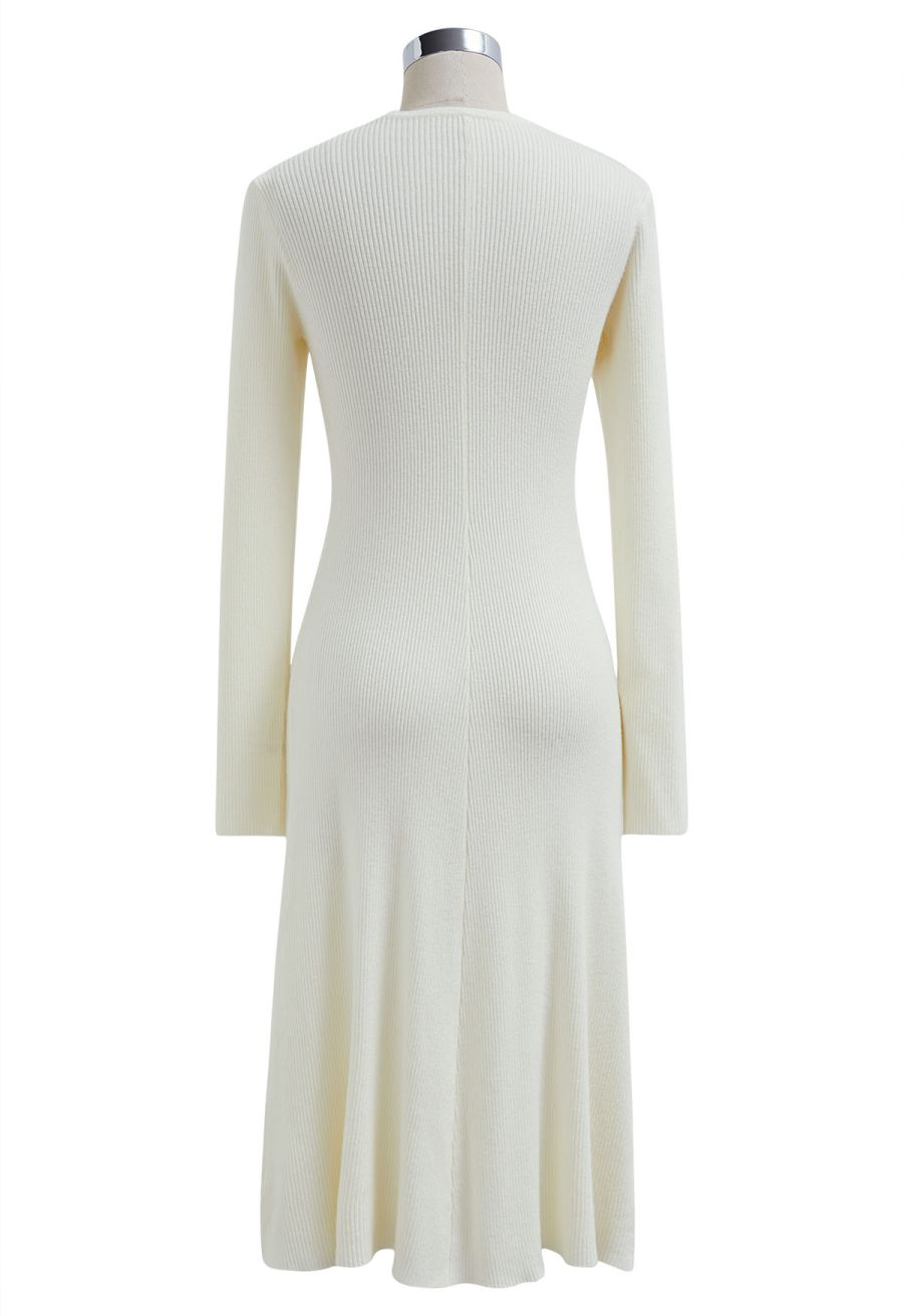 Cross Waist Detail Faux-Wrap Knit Dress in Ivory