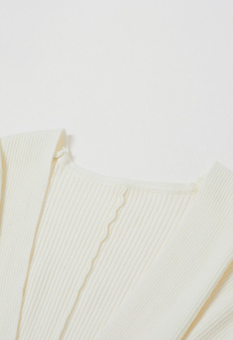 Cross Waist Detail Faux-Wrap Knit Dress in Ivory