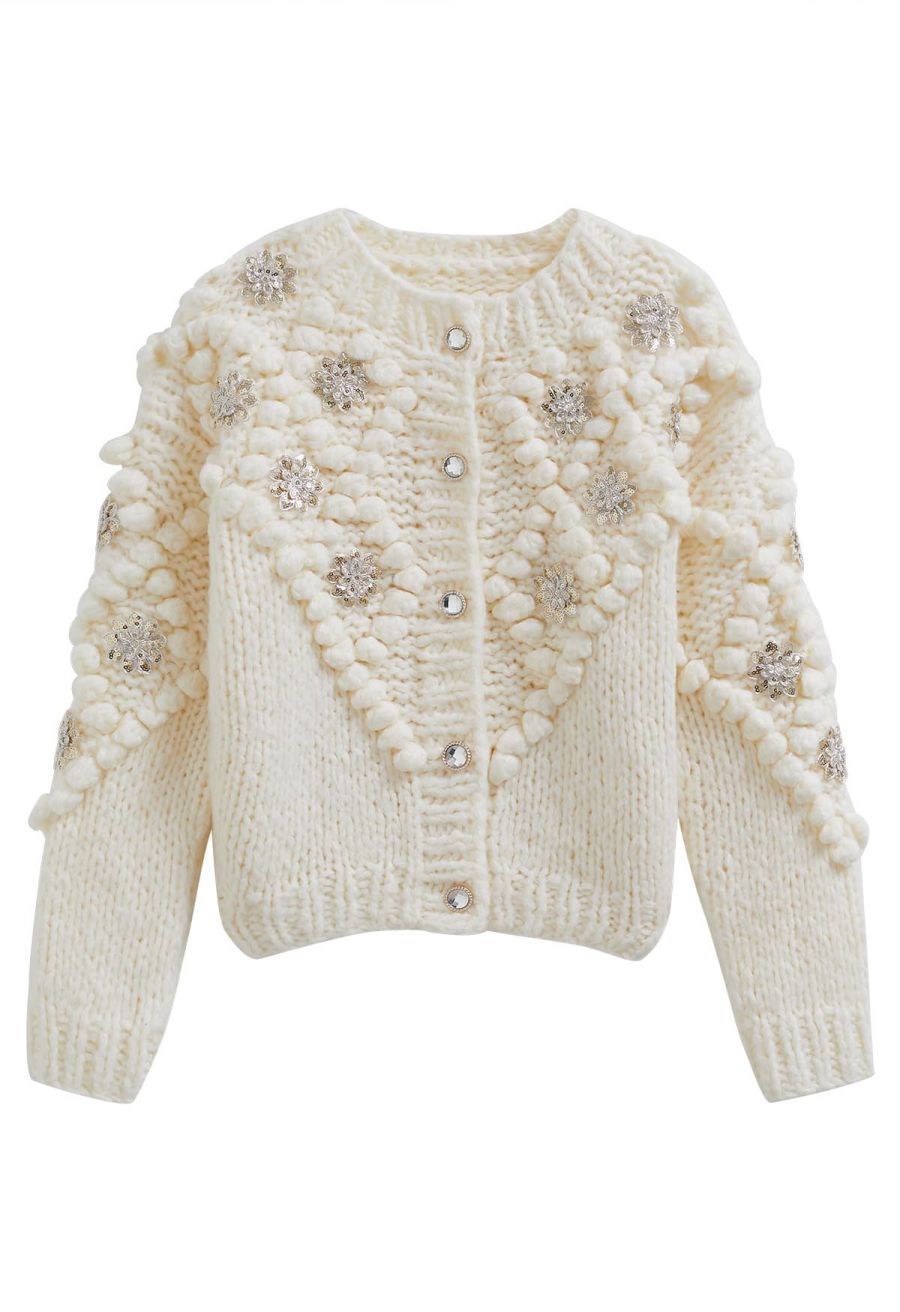 Sequined Flower Pom-Pom Knit Cardigan