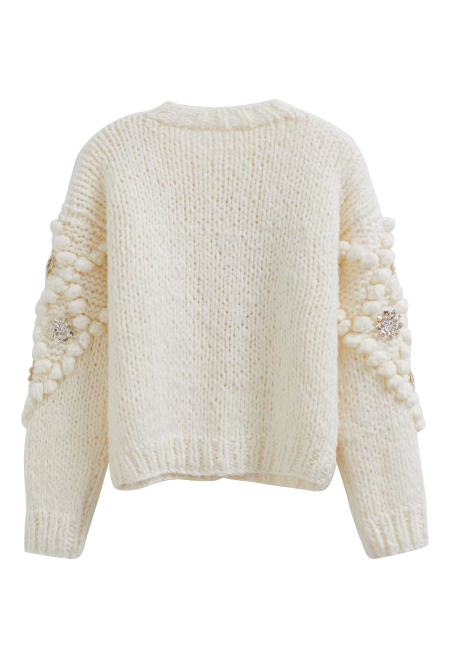 Sequined Flower Pom-Pom Knit Cardigan