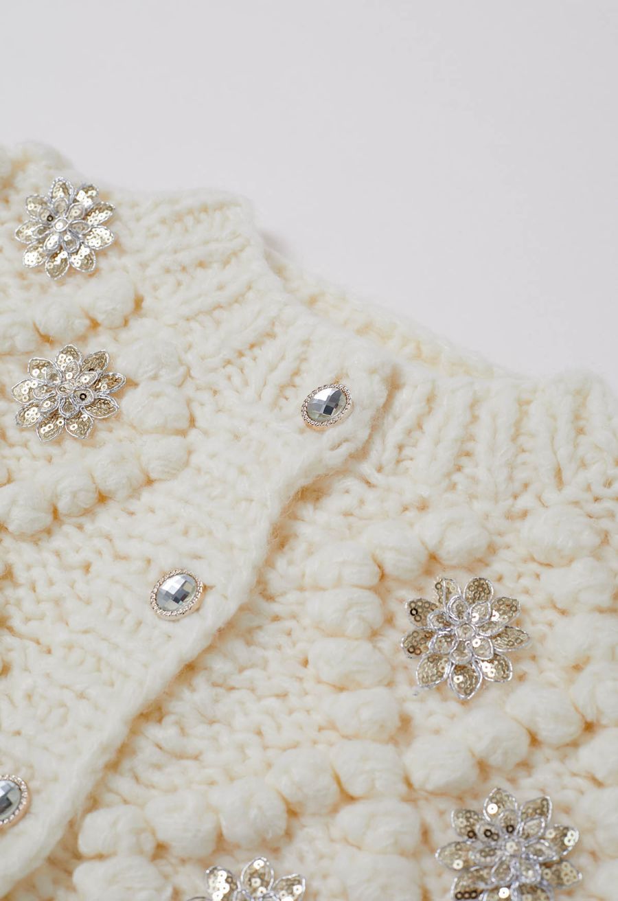 Sequined Flower Pom-Pom Knit Cardigan