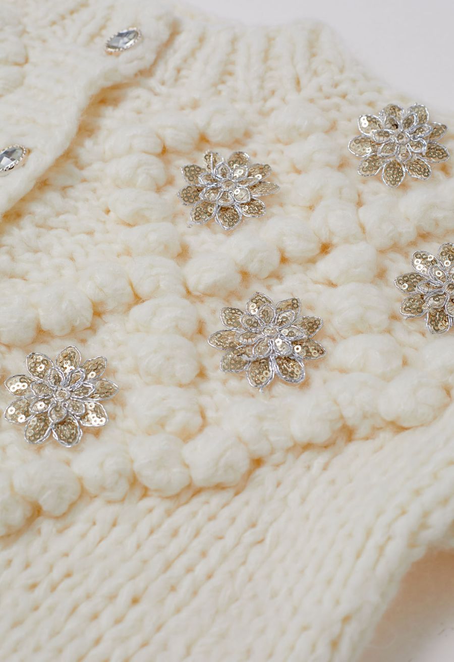 Sequined Flower Pom-Pom Knit Cardigan