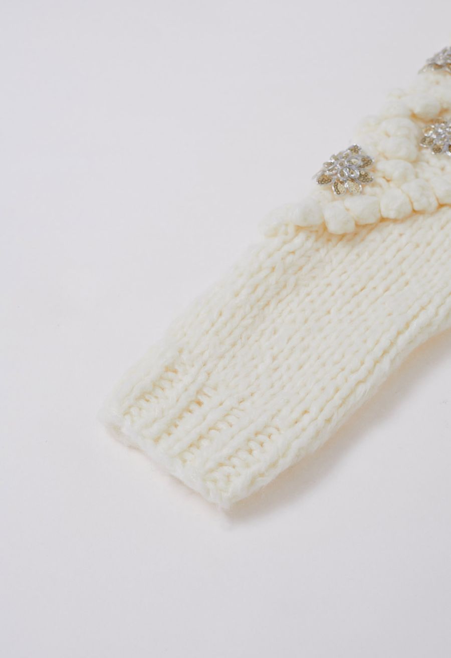 Sequined Flower Pom-Pom Knit Cardigan
