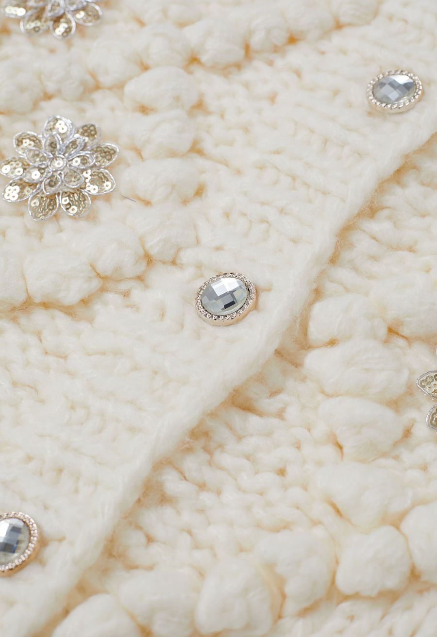 Sequined Flower Pom-Pom Knit Cardigan