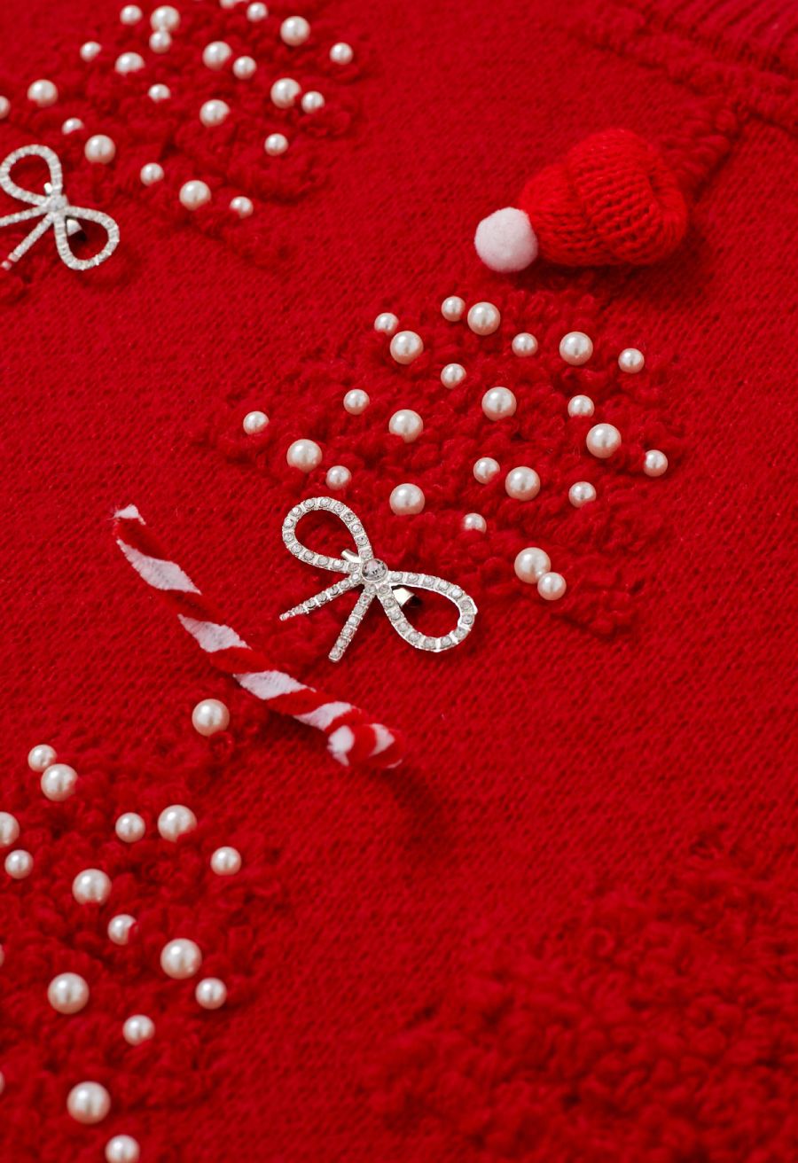 Pearl Christmas Tree Embossed Bowknot Knit Sweater in Red