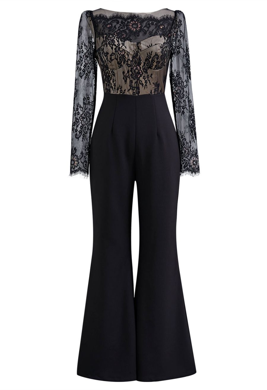 Floral Cutwork Lace Spliced Flare Leg Jumpsuit