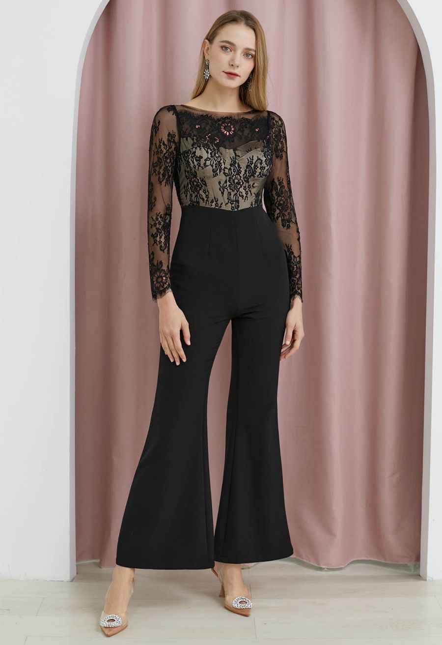 Floral Cutwork Lace Spliced Flare Leg Jumpsuit