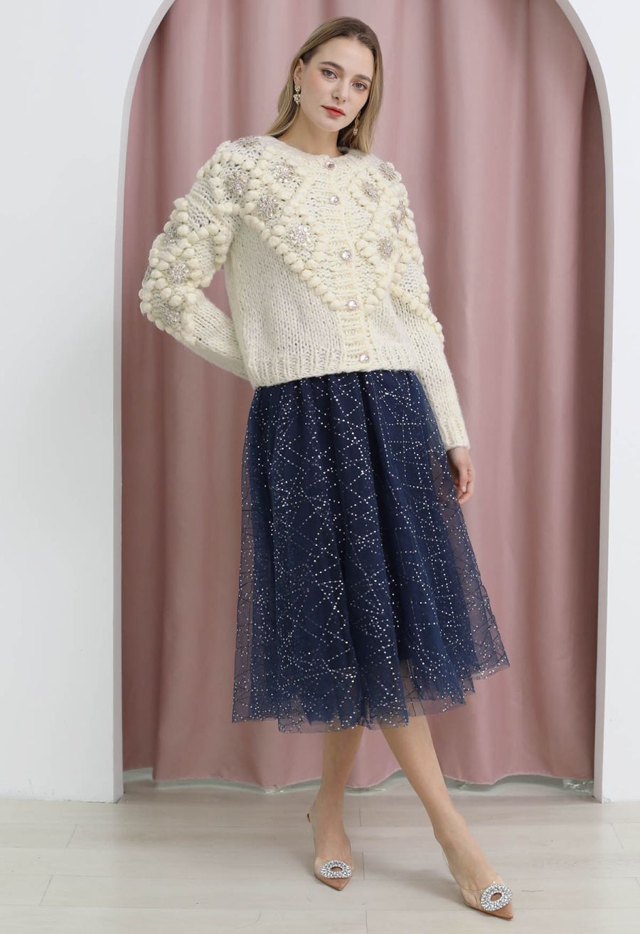 Sequined Flower Pom-Pom Knit Cardigan