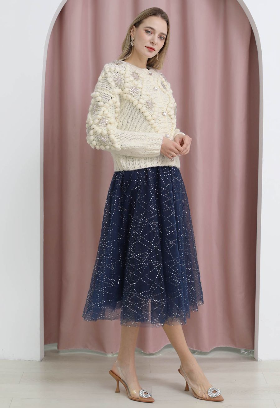 Sequined Flower Pom-Pom Knit Cardigan