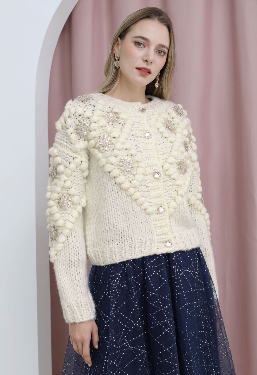 Sequined Flower Pom-Pom Knit Cardigan