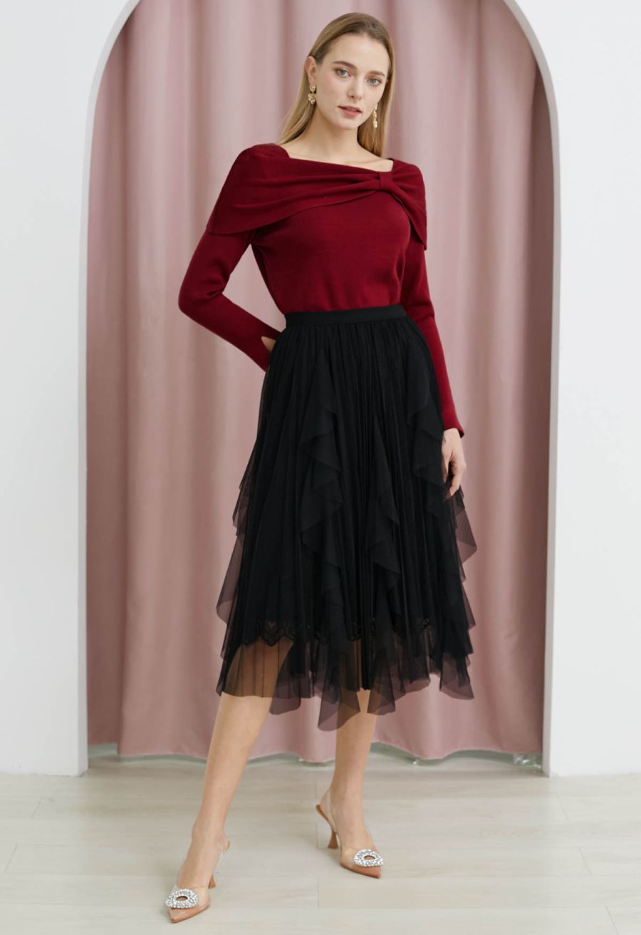 Floral Lace Ruffle Mesh Tulle Skirt in Black