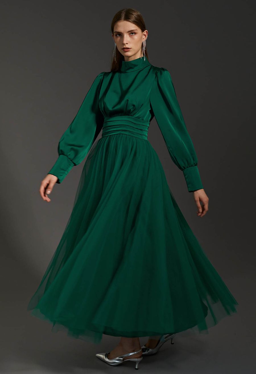 Shine Bright High Neck Tulle Maxi Dress in Emerald