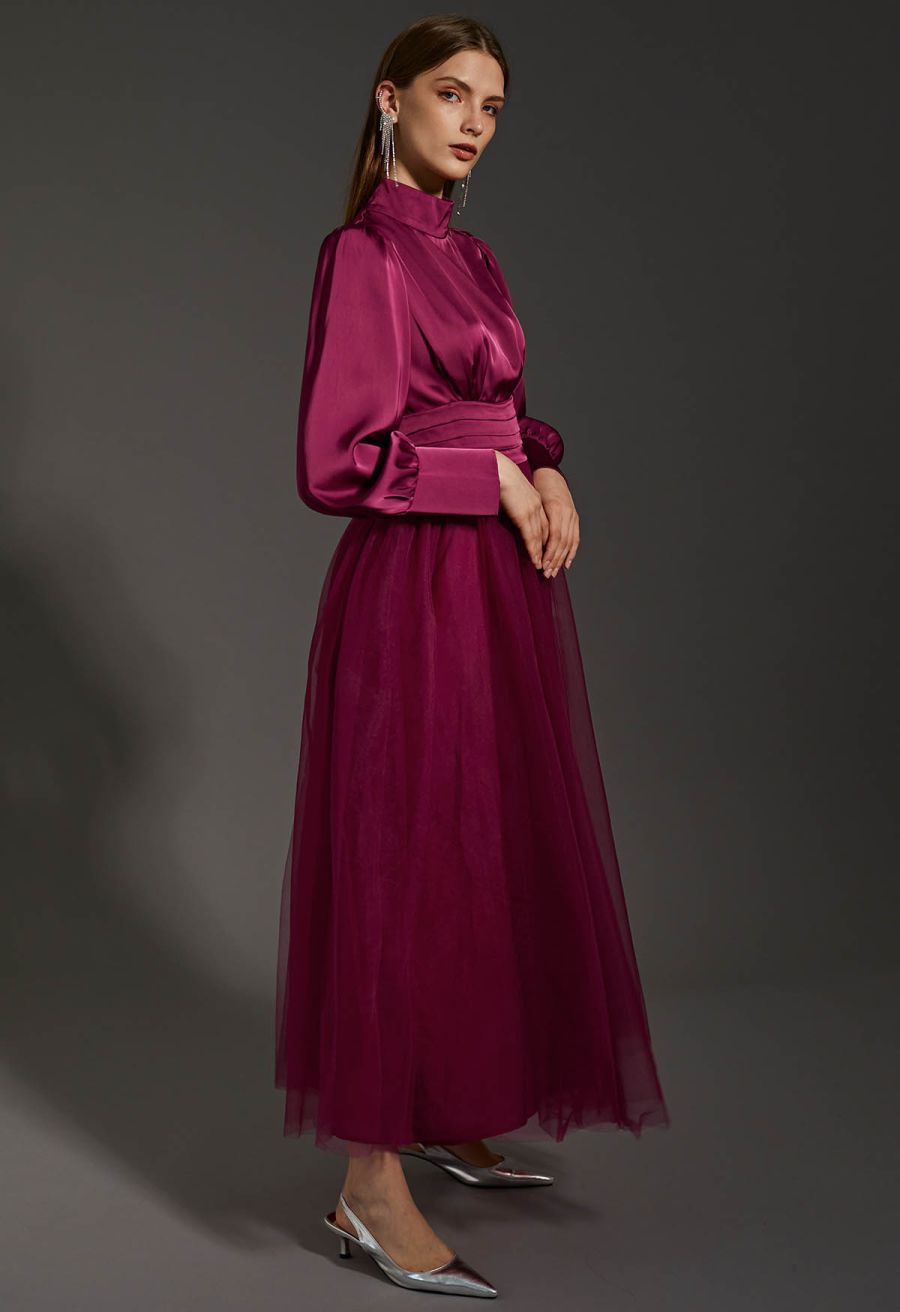 Shine Bright High Neck Tulle Maxi Dress in Burgundy