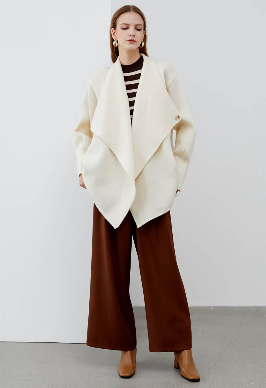 Casual-Chic Wide Lapel Knit Cardigan in Ivory