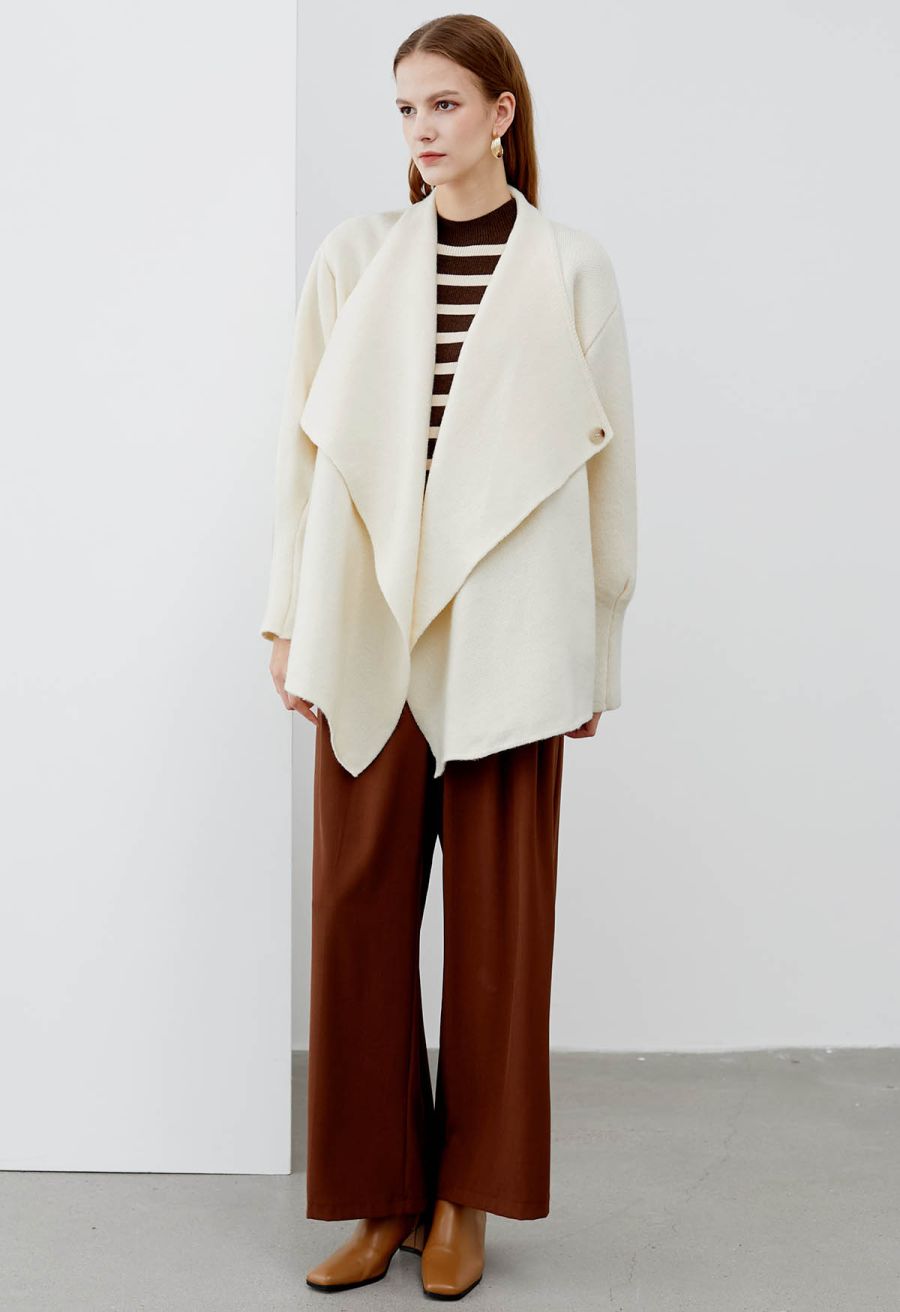 Casual-Chic Wide Lapel Knit Cardigan in Ivory