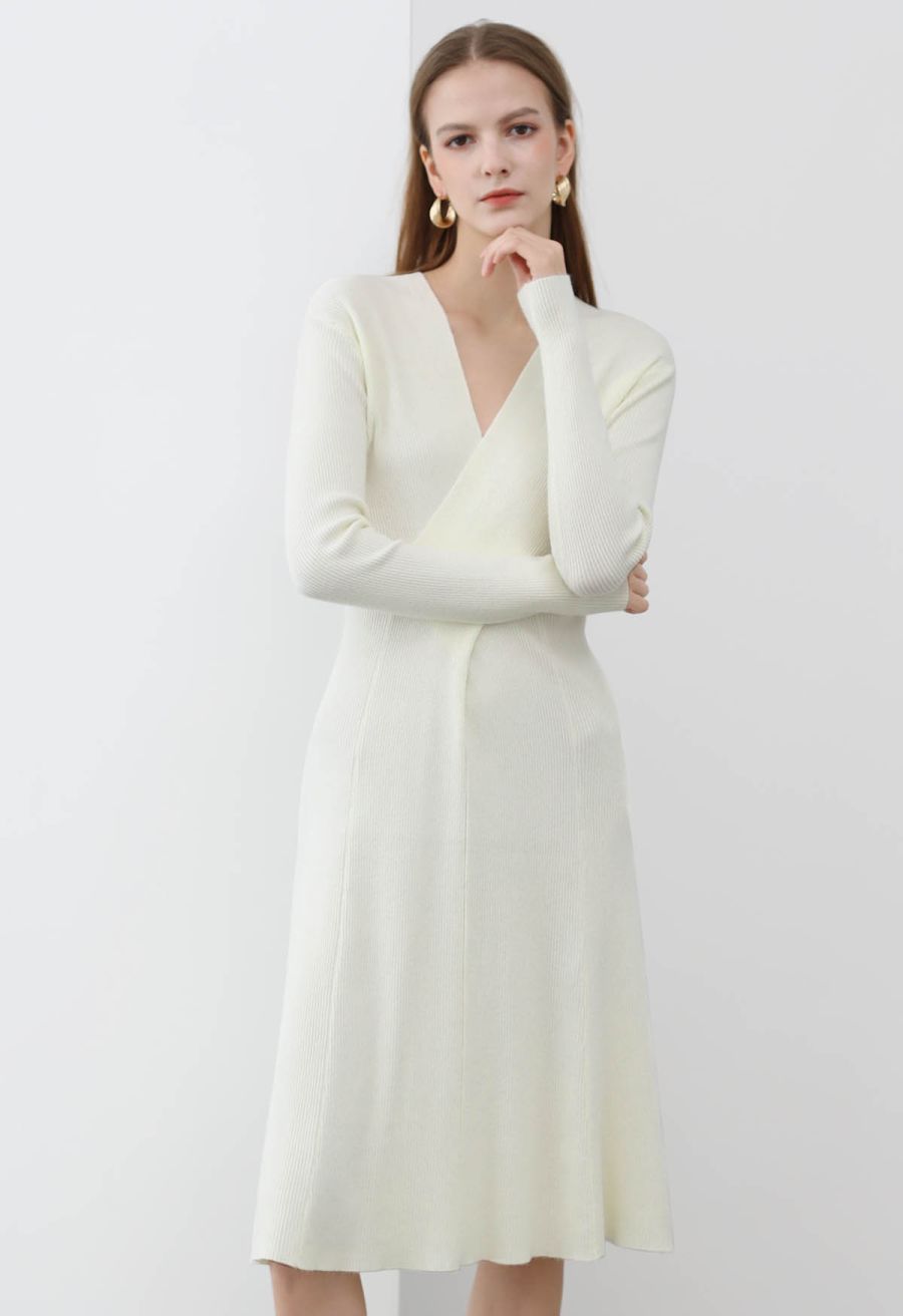 Cross Waist Detail Faux-Wrap Knit Dress in Ivory