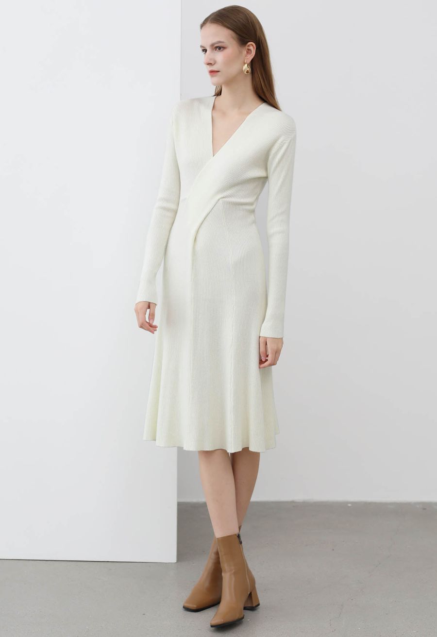 Cross Waist Detail Faux-Wrap Knit Dress in Ivory