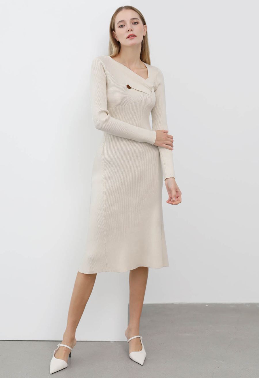 Asymmetric Cutout Neckline Rib Knit Midi Dress in Ivory