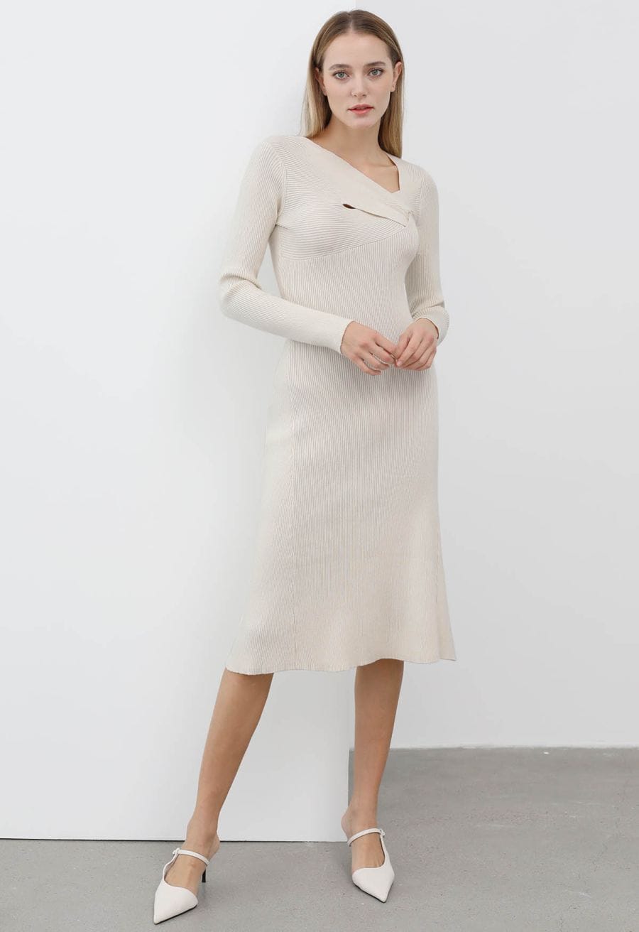 Asymmetric Cutout Neckline Rib Knit Midi Dress in Ivory