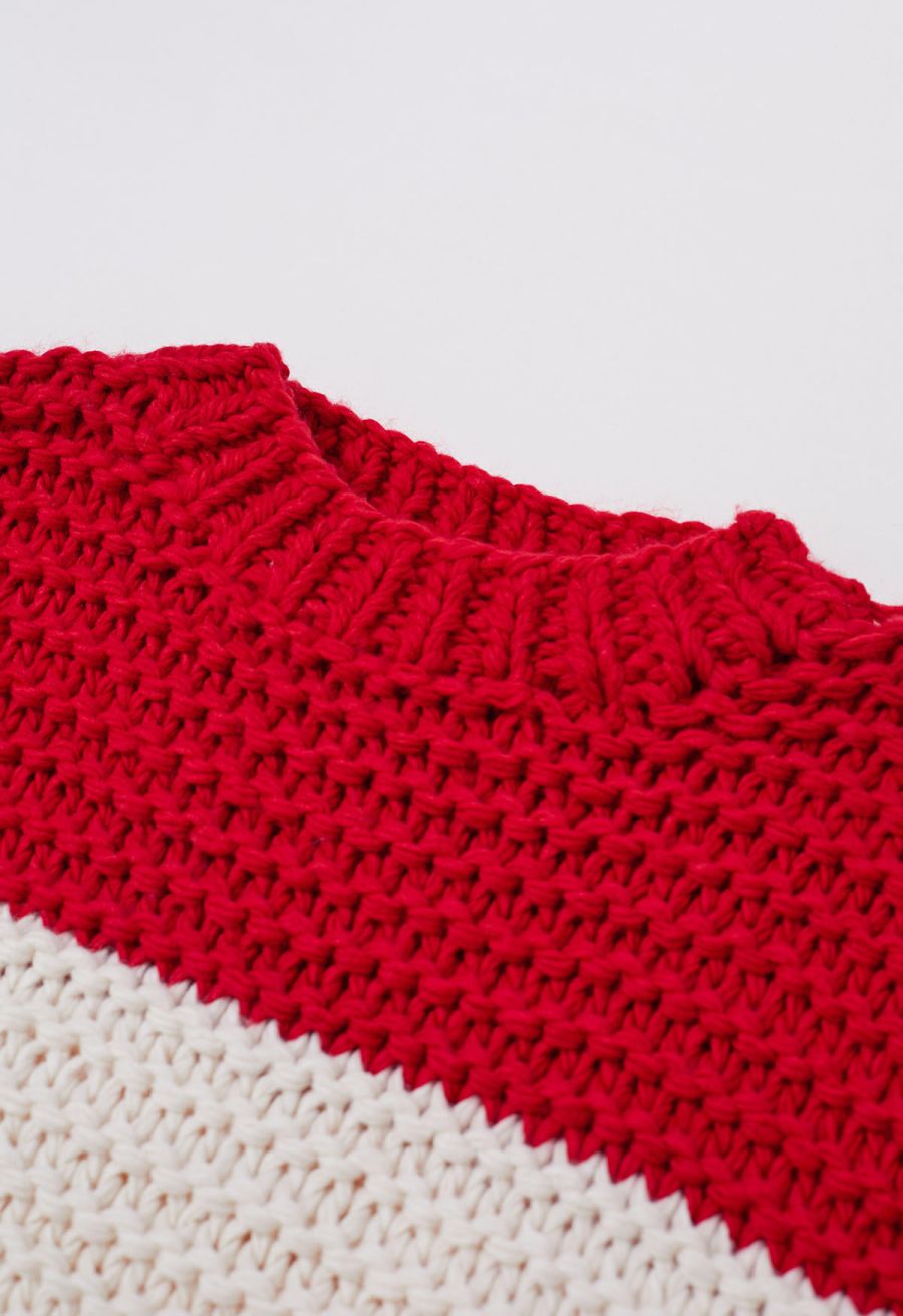 Two-Tone Striped Sleeves Chunky Hand Knit Sweater in Red