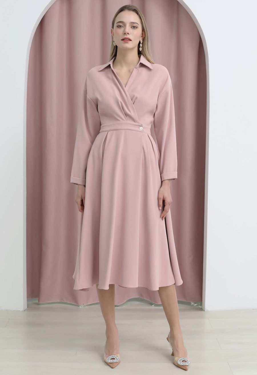 Buttoned Wrap Midi Shirt Dress in Pink