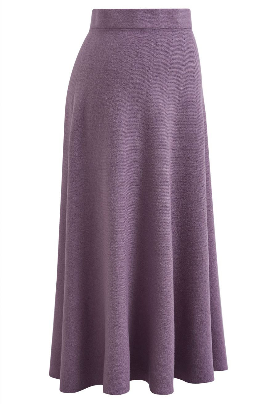 Solid Color A-Line Knit Midi Skirt in Lilac