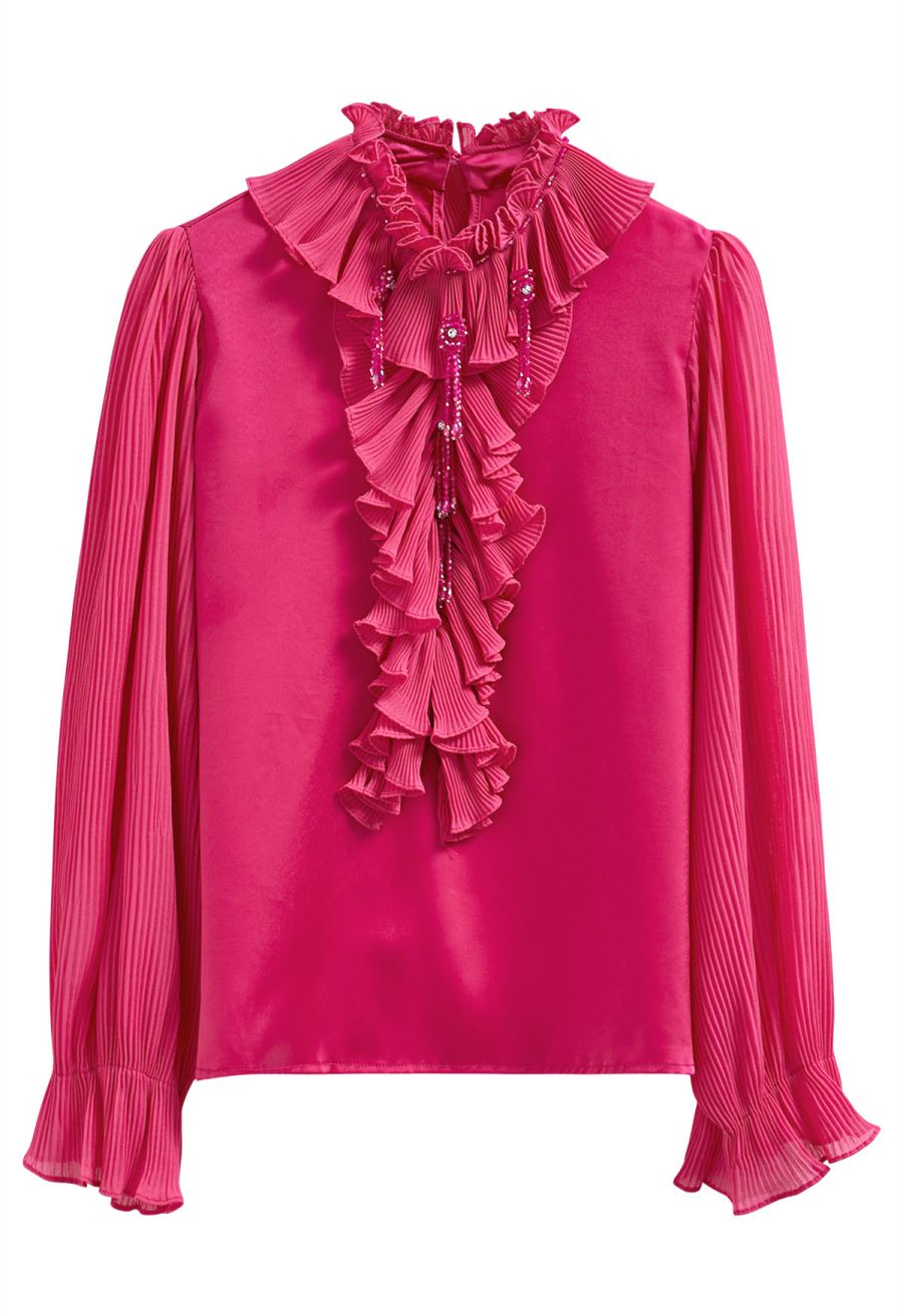 Luscious Ruffle Spliced Plisse Sleeves Top in Magenta