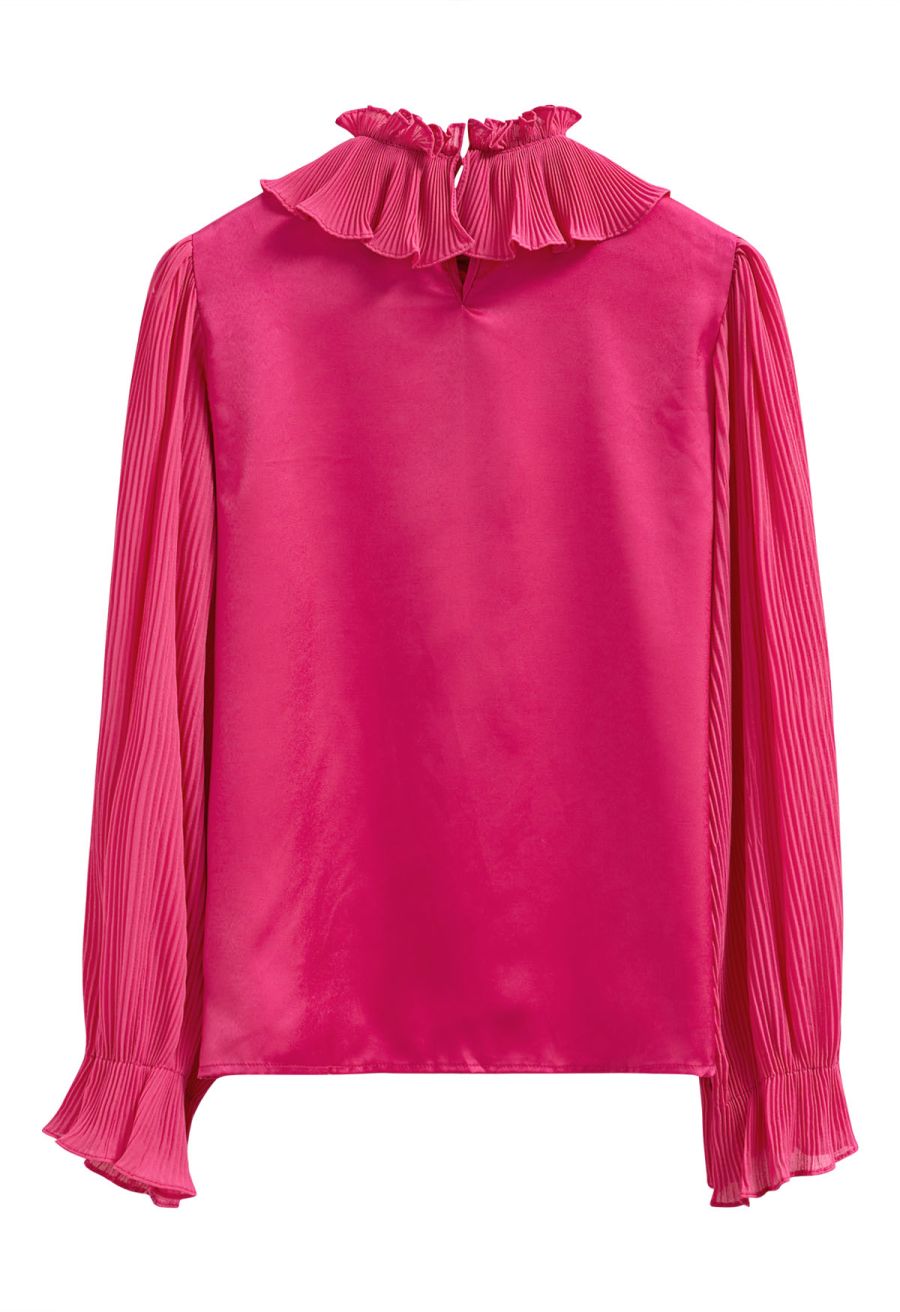 Luscious Ruffle Spliced Plisse Sleeves Top in Magenta