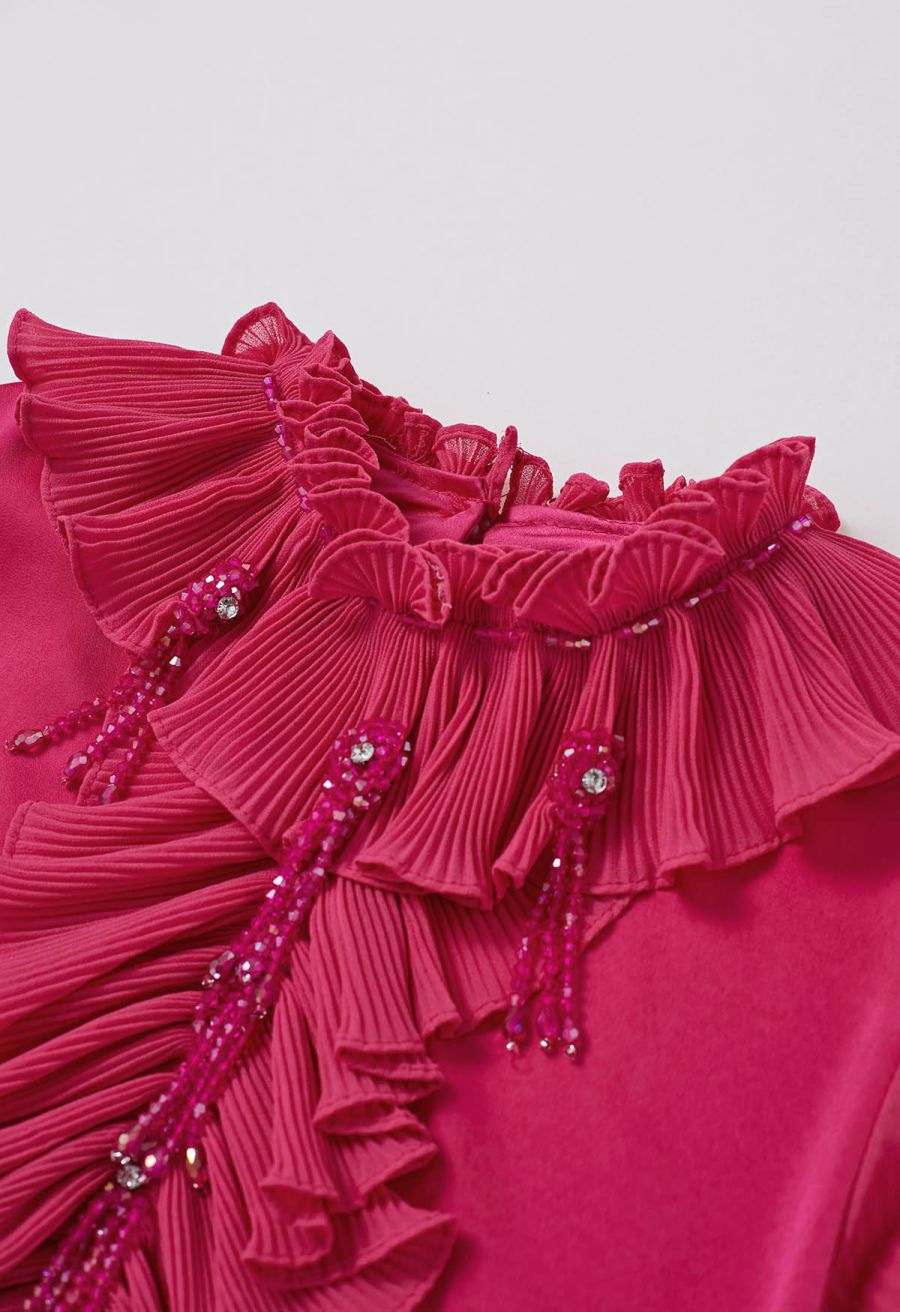 Luscious Ruffle Spliced Plisse Sleeves Top in Magenta